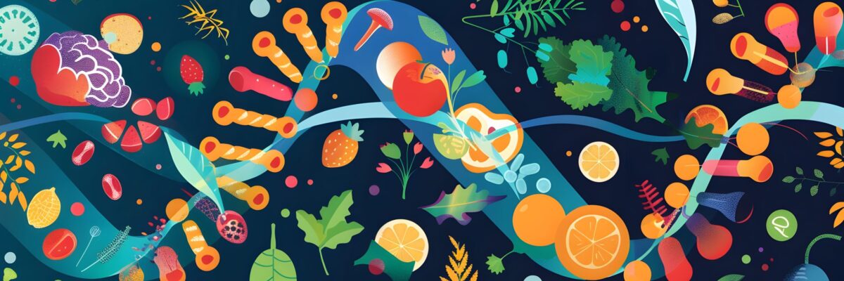 This conceptual showcases the cutting-edge field of nutrigenomics, combining DNA strands with colorful food icons to represent personalized nutrition insights. The modern, educational design