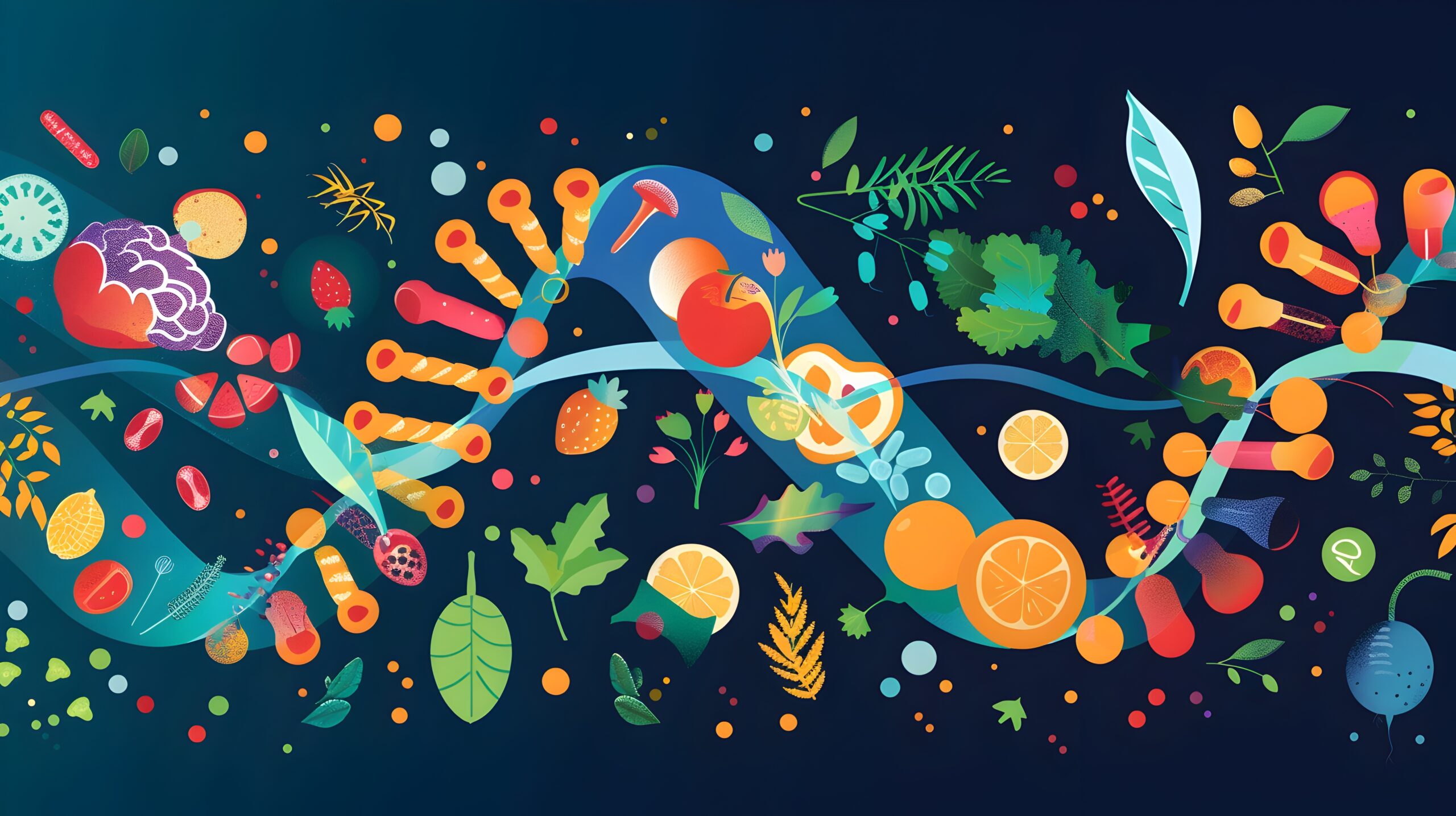 This conceptual showcases the cutting-edge field of nutrigenomics, combining DNA strands with colorful food icons to represent personalized nutrition insights. The modern, educational design